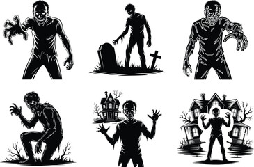 A set of zombie silhouettes, isolated on a white background. Walking Dead Halloween Scary Zombie SVG.