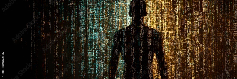 Poster human silhouette filled with digital code representing technology and data in a futuristic environme