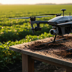 Agricultural Drone Resting on a Wooden Table in a Field