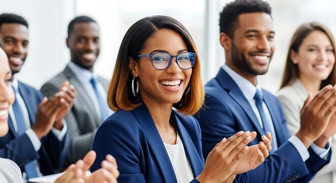 Diverse group of professionals applauding and smiling in a meeting