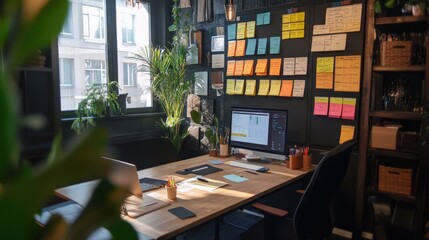 A sunlit workspace with a vibrant wall of sticky notes.