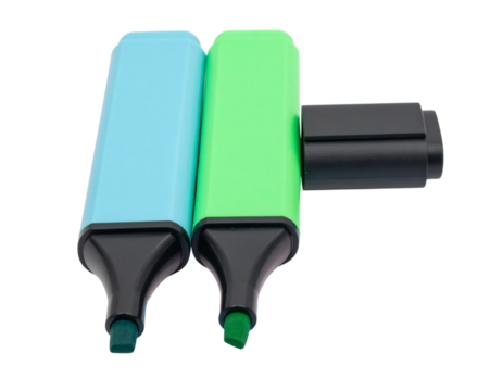 Blue and Green Chisel Tip Highlighters with Caps Off – Isolated on White Background