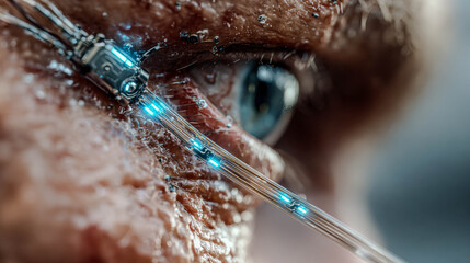 Close-up of a cybernetic implant near a man’s eye with glowing blue lights. Concept of future technology, bionic augmentation, and human-computer integration.