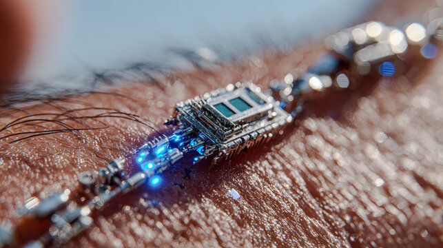 A close up of an implantable microchip with glowing blue lights on a person's wrist. Future electronic skin. Computer science.