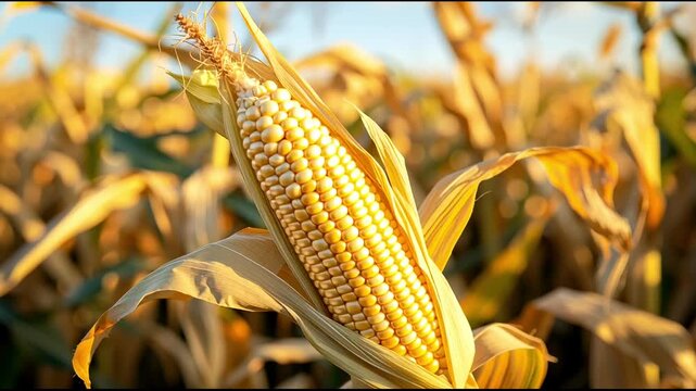 An ear of golden corn, rich with kernels, ripening on the stalk in a chemical-free cornfield.