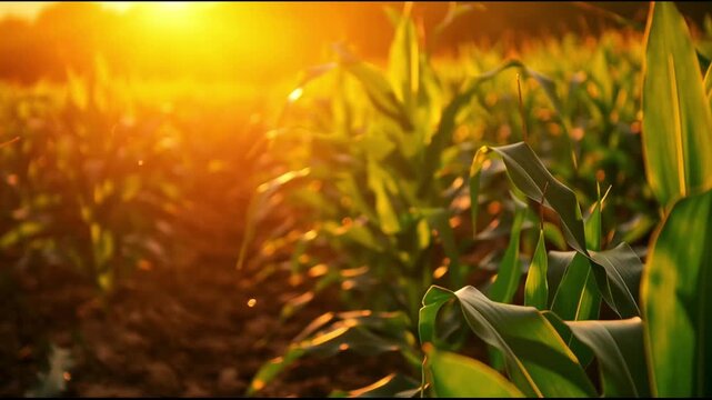 Slow-motion footage of a cornfield glowing under the warm hues of golden hour.