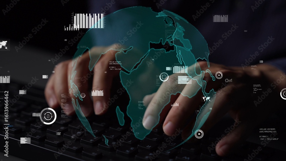 Poster a creative image showing hands typing on a keyboard with a 3d globe overlay, illustrating global con