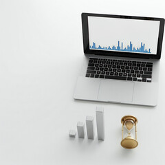Laptop, Bar Chart, and Hourglass on White Background