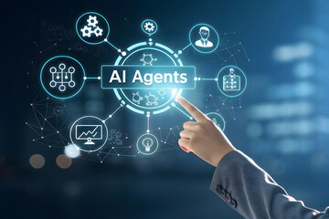 Human finger interacting with a glowing ai agents network diagram on a dark background
