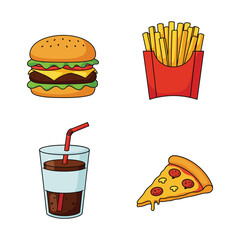 Cartoon Fast Food Set with Burger Fries Soda and Pizza Slice