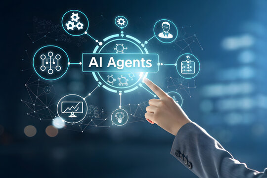 Human finger interacting with a glowing ai agents network diagram on a dark background