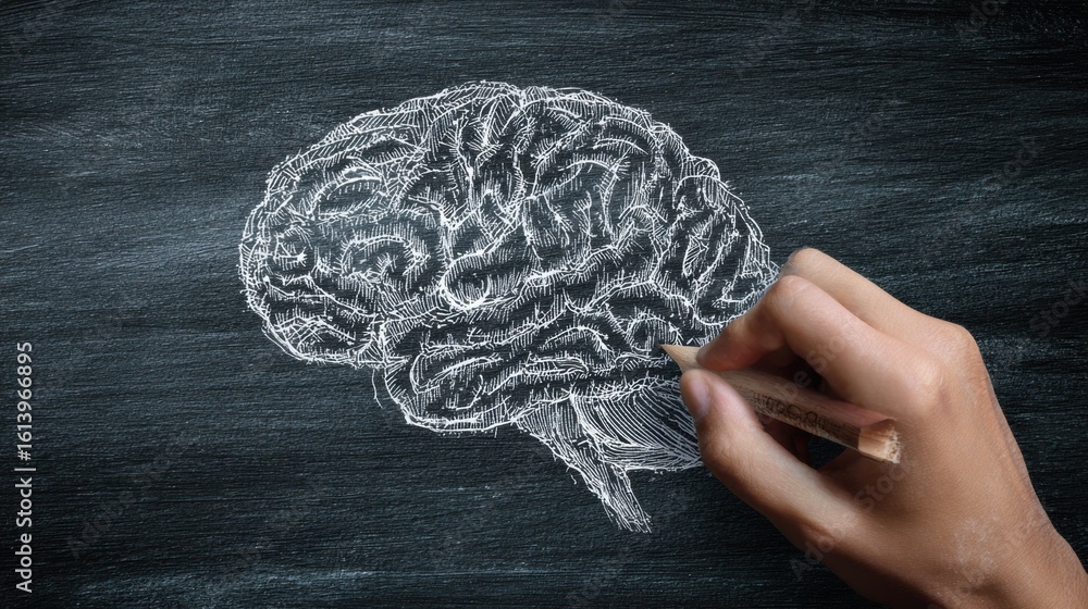Poster hand drawing of a detailed brain diagram on a chalkboard with an open space above for notes or illus