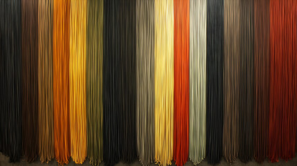 A long row of vertically arranged fabric swatches, showcasing a wide spectrum of earthy tones.  Rich hues of browns, yellows, oranges, and reds.  Variety of textures visible in the fabrics