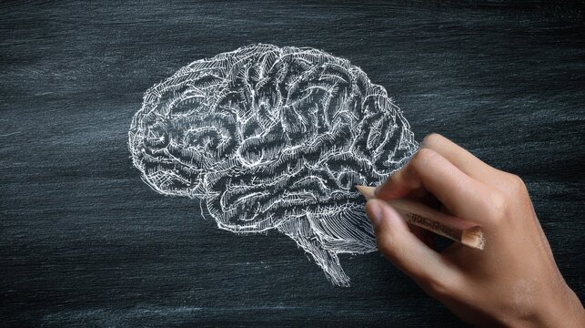 Hand Drawing of a Detailed Brain Diagram on a Chalkboard With an Open Space Above for Notes or Illustrations
