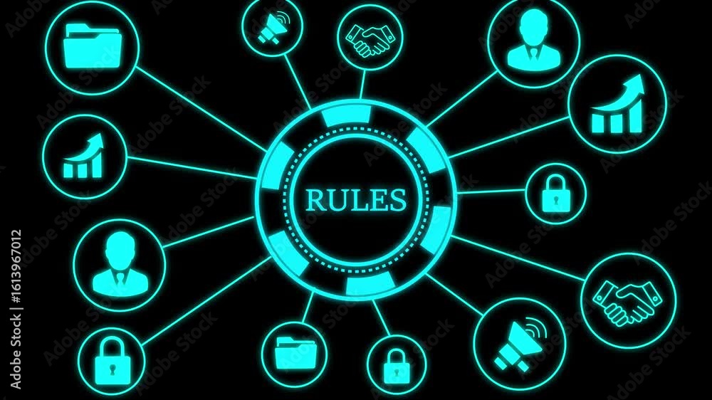 Aufkleber technology rules concept button on a futuristic ,beautiful abstract wave technology background, rule
