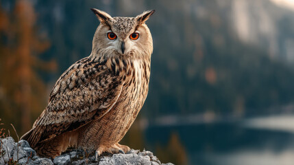 Obraz premium Majestic Owl with Tawny Plumage in Serene Forest by Glacial Lake Landscape