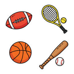 Collection of four different sport equipment icons on a white background