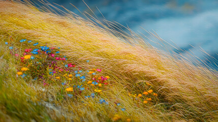 Colorful wildflowers and tall grass on a hillside.  Gentle breeze moves the long grass.  Vibrant colors of flowers and golden grasses