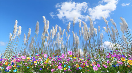 Vibrant meadow with tall grass and colorful flowers under a vast blue sky.  Many different types of flowers in a mix of vibrant hues.  Tall, light-colored grasses reach towards the bright sky