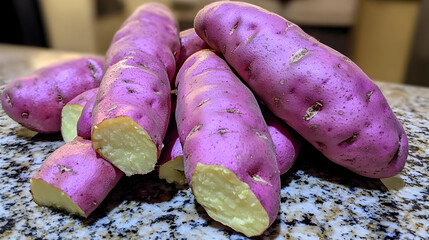 Pile of vibrant purple sweet potatoes, some cut lengthwise to reveal pale yellow flesh.  A close-up shot on a mottled countertop