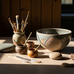 Pottery Tools and Handmade Ceramic Bowl on a Wooden Table