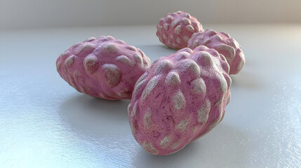 Close-up of four oval-shaped, bumpy, light pink objects, set against a pale gray background.  Their textured surfaces exhibit small, light-colored protrusions