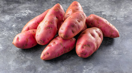 Pile of fresh, vibrant pink sweet potatoes on a gray stone surface.  Close-up view of numerous, slightly elongated tubers, with visible skin texture and details