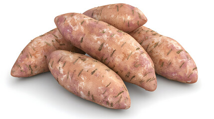Pile of fresh sweet potatoes, oblong shape, light reddish-brown skin, visible lengthwise grooves