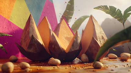 Sliced fruit, stylized, tropical aesthetic.  Geometric shapes, vibrant colors, and a dynamic, stylized presentation, with falling particles