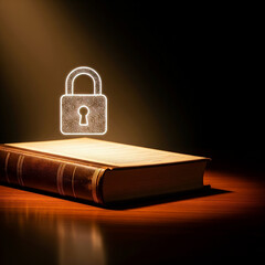 Digital Lock Icon Over a Vintage Book in Low Light