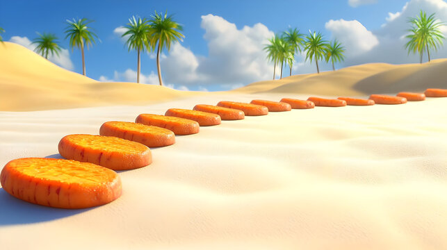 Orange slices pave a path through a sandy desert landscape, with palm trees in the background. Sunny day - Powered by Adobe