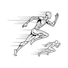 Stylized illustration of two runners in motion with speed lines in black and white