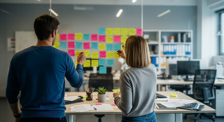 Business Colleagues Brainstorming with Sticky Notes on a Glass Wall