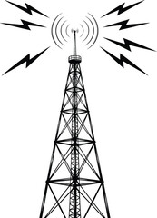 Vintage Radio Tower Illustration Emitting Signal Waves, Black and White Communication Clipart.