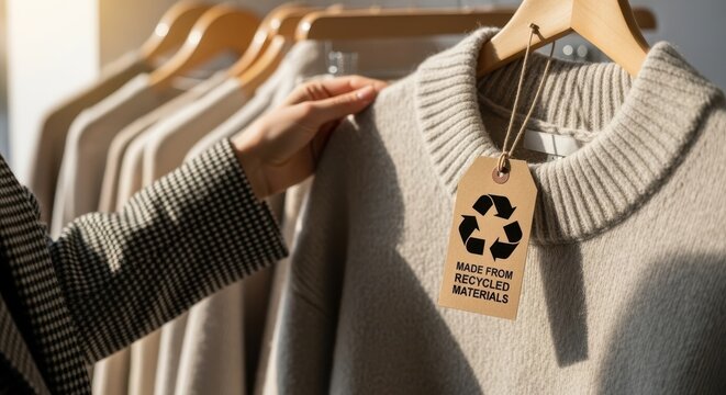 Eco-conscious shopper examining a sustainable sweater with a recyclable tag that reads "Made from Recycled Materials" in an ethical fashion store.

