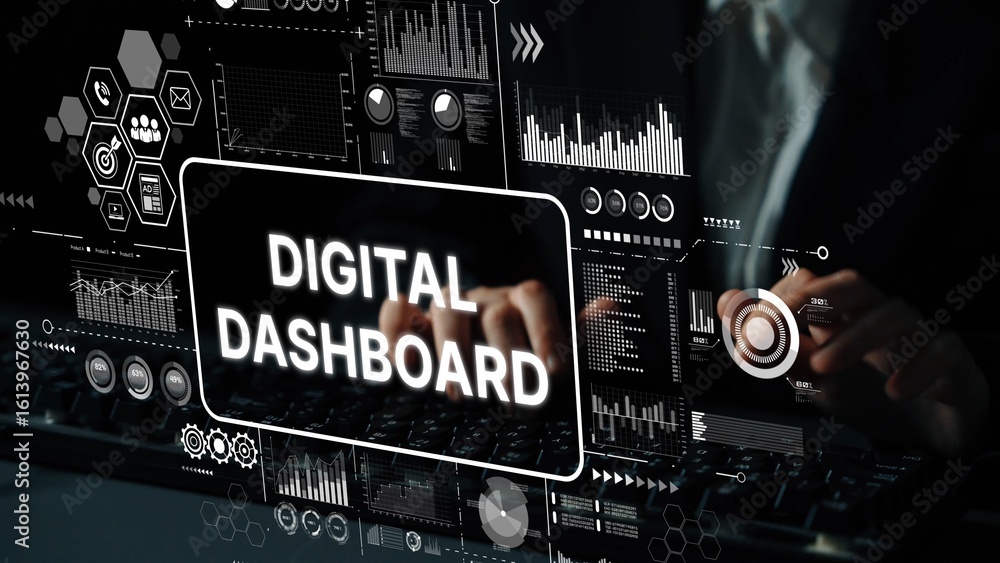 Poster futuristic digital dashboard interface with data analytics and interactive elements for business int