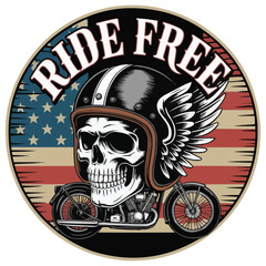 "Ride Free Skull Biker Emblem &ndash; Vintage Motorcycle Club Patch Design"

