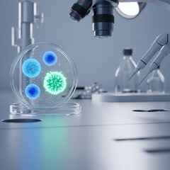 Microscopic Cells in a Petri Dish with Laboratory Equipment
