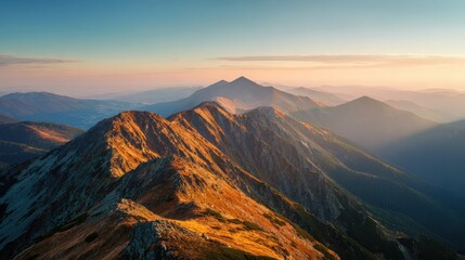 Golden mountain peaks at sunrise mountains ridges