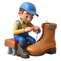 Cartoon shoemaker stitching boot isolated on a transparent background
