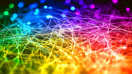 Abstract rainbow light trails on dark background.  Colorful lines intertwine and blend into a vibrant display.  Blurry, sparkling lights add depth and texture