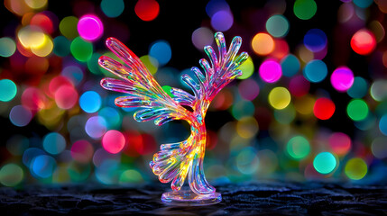 Translucent, colorful bird figurine, vibrant bokeh background.  Detailed, stylized wings and body,  multi-colored light play