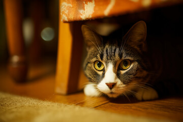 Alert cat under chair on wooden floor, focused eyes and soft fur details, warm light and cozy indoor atmosphere creating a relaxed yet attentive feline portrait.