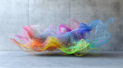 Abstract, colorful, flowing, network structure against a neutral concrete backdrop.  Intricate, layered, rainbow-hued forms cascade in a dynamic, ethereal composition