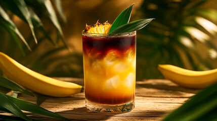 Jungle bird cocktail in tall glass with visible dark rum and juice layers, topped with pineapple slice and green tropical leaf, served on rustic wooden table with bananas and palm leaves background