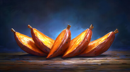 Roasted sweet potato slices on wooden surface.  Four slices, with warm, golden-orange flesh, are arranged.  Dark, moody background