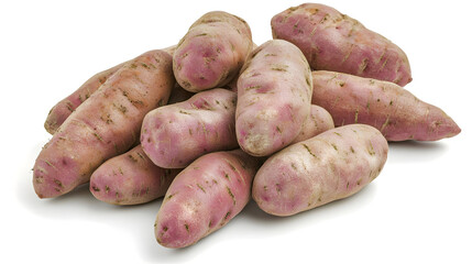 Pile of fresh, oblong purple sweet potatoes.  Close-up,  showing bumpy skin, light purple and pinkish tones.  Healthy, whole,  ready-to-cook