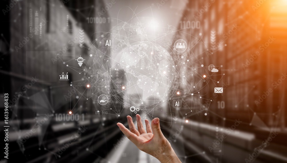 Poster global ai-powered digital network ecosystem connecting data, finance, analytics, ecommerce, communic