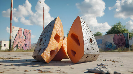 Orange and gray abstract forms, resembling slices of  fruit or cheese,  rest on a dusty, urban  surface,  under a partly cloudy sky.  Graffiti-covered walls and poles surround the scene