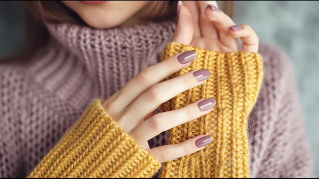 Well-maintained and stylish feminine hands highlighting a perfect manicure on a subtle gray surface.